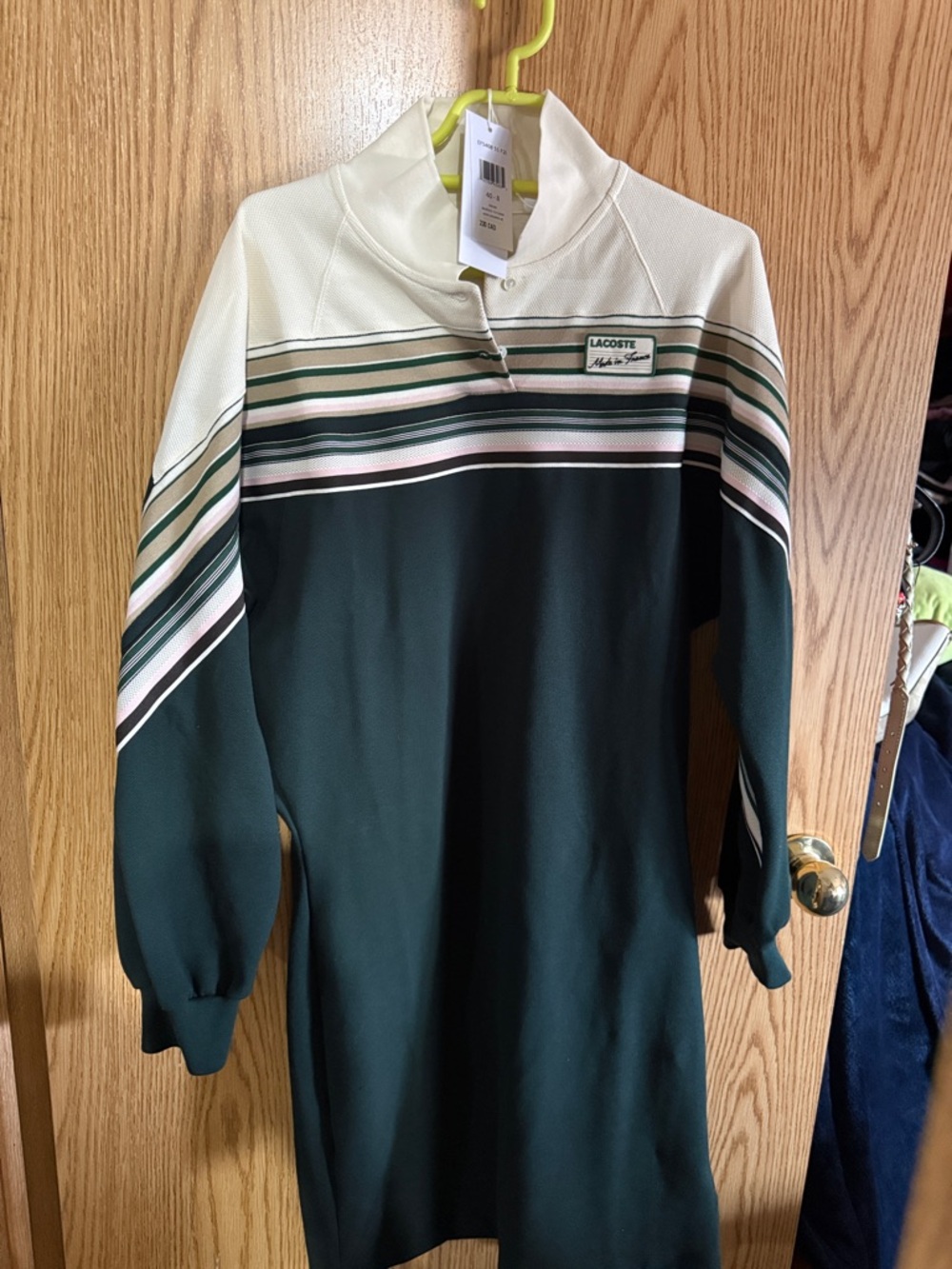 Lacoste Forest Green, Cream & Pink Striped Crewneck Sweater